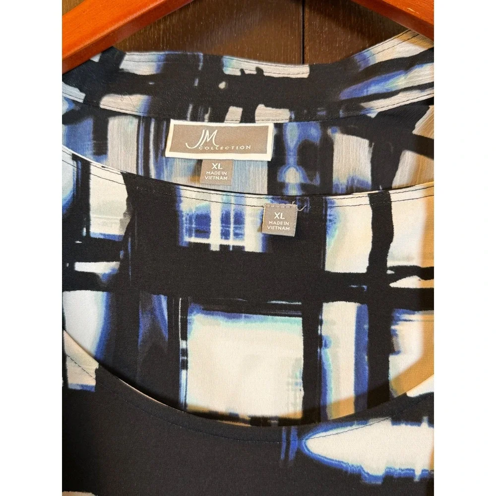 JM Collection Womens XL Blue Black Abstract Grid 2pc Tank & Sheer Cardigan Set